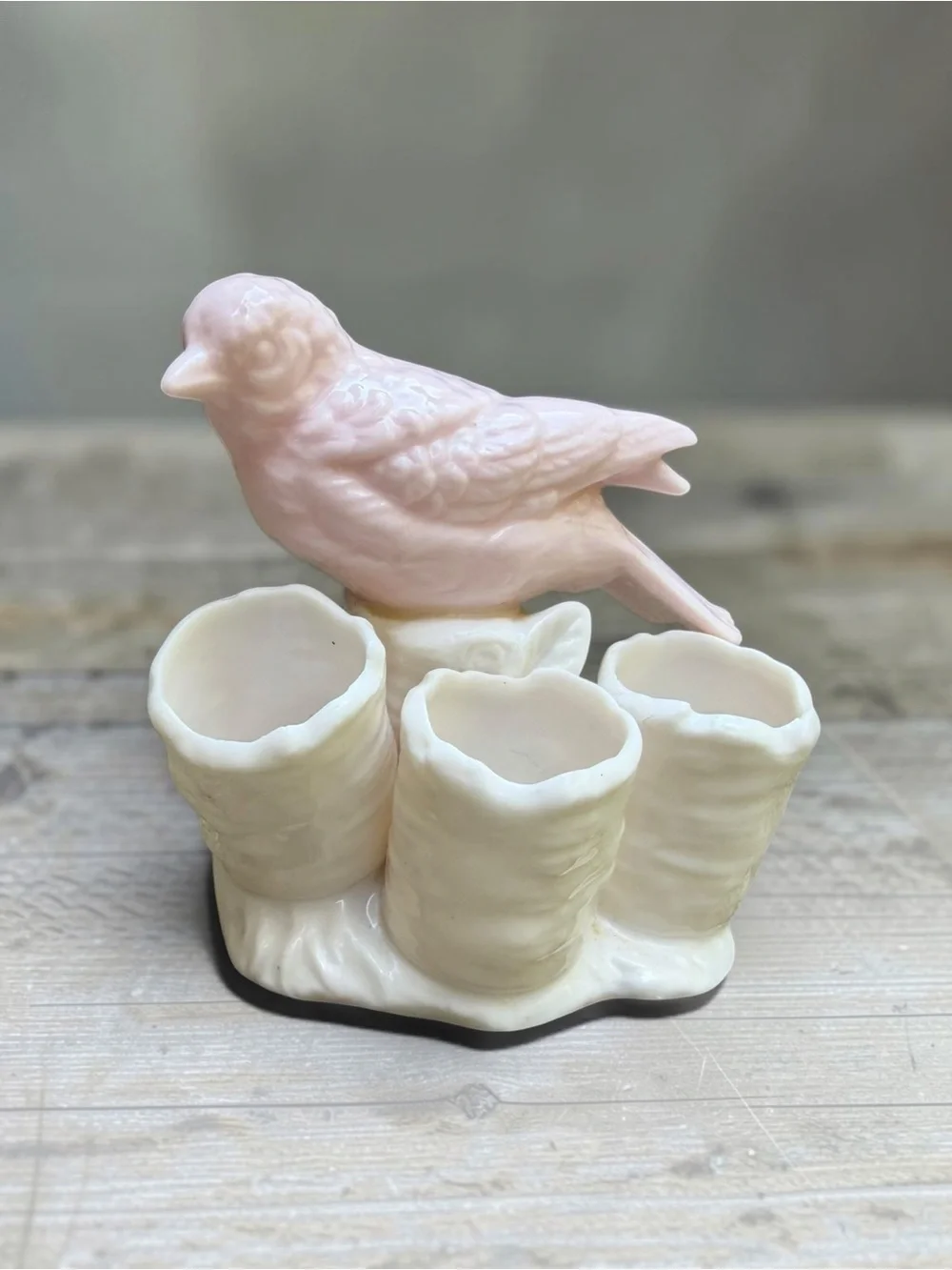 Vintage Pink Bird Triple Bud Vase Ceramic Farmhouse Cottage Decor Feather Holder